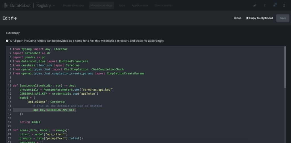 Image of putting Cerebras API key into custom py file in DataRobot (1)