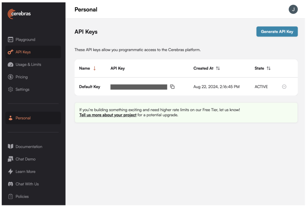 Image showing generating and API key on Cerebras